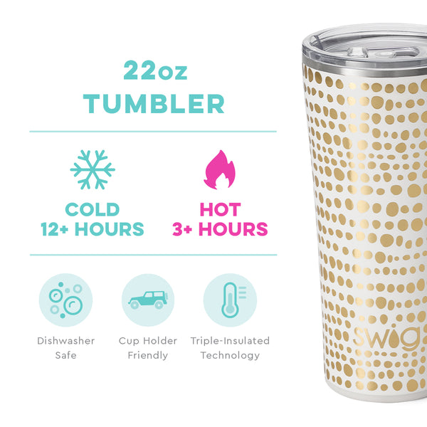 Swig Life 22oz Glamazon Gold Tumbler temperature infographic - cold 12+ hours or hot 3+ hours