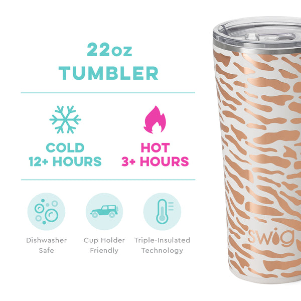 Swig Life 22oz Glamazon Rose Tumbler temperature infographic - cold 12+ hours or hot 3+ hours