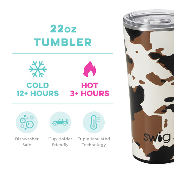 Swig Life 22oz Hayride Cow Print Tumbler temperature infographic - cold 24+ hours or hot 3+ hours