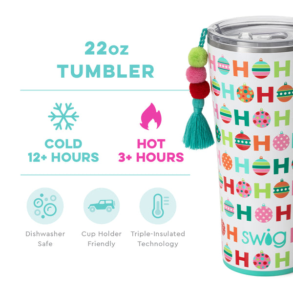 Swig Life 22oz Hohoho Tumbler temperature infographic - cold 12+ hours or hot 3+ hours