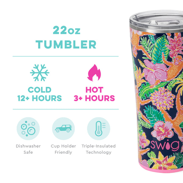 Swig Life 22oz Jungle Gym Tumbler temperature infographic - cold 12+ hours or hot 3+ hours
