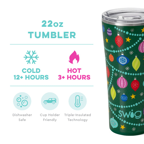 Swig Life 22oz O Christmas Tree Tumbler temperature infographic - cold 12+ hours or hot 3+ hours