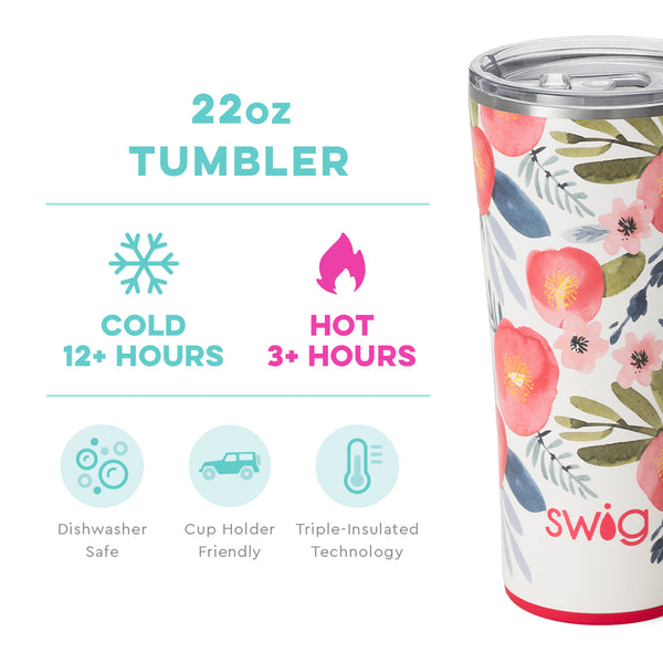 Swig Life 22oz Poppy Fields Tumbler temperature infographic - cold 12+ hours or hot 3+ hours
