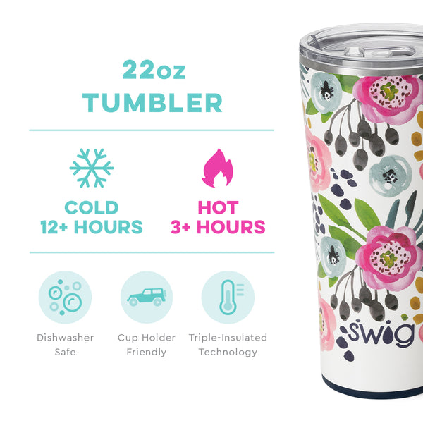 Swig Life 22oz Primrose Tumbler temperature infographic - cold 12+ hours or hot 3+ hours