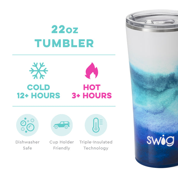 Swig Life 22oz Sapphire Tumbler temperature infographic - cold 12+ hours or hot 3+ hours