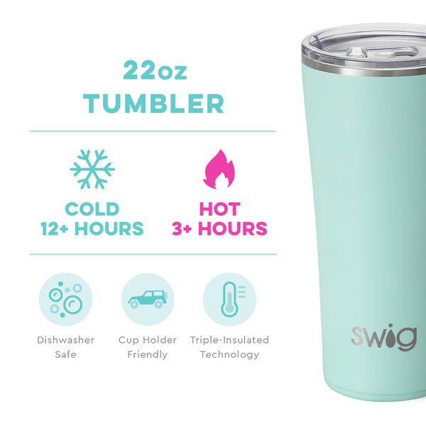 Swig Life 22oz Sea Glass Tumbler temperature infographic - cold 12+ hours or hot 3+ hours