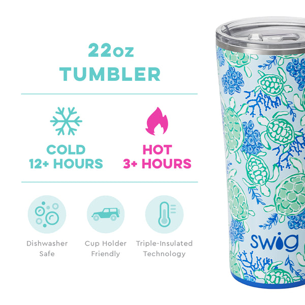 Swig Life 22oz Shell Yeah Tumbler temperature infographic - cold 12+ hours or hot 3+ hours