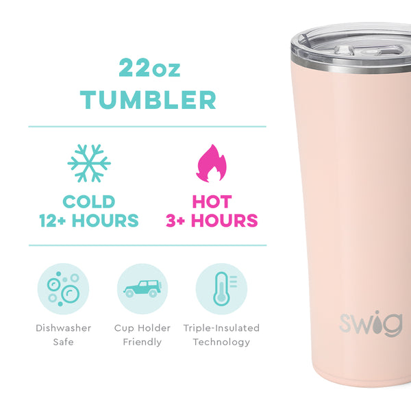 Swig Life 22oz Shimmer Ballet Tumbler temperature infographic - cold 12+ hours or hot 3+ hours