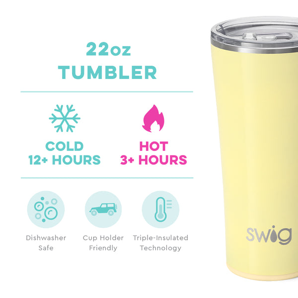 Swig Life 22oz Shimmer Buttercup Tumbler temperature infographic - cold 12+ hours or hot 3+ hours