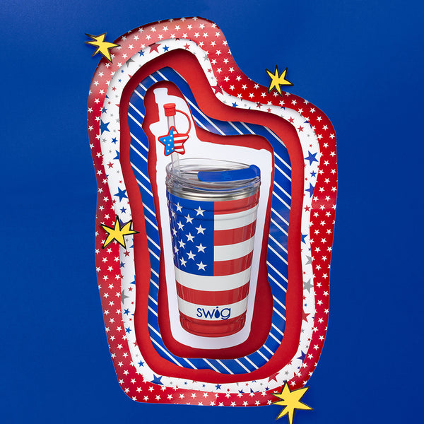 Swig Life 24oz All American Insulated Party Cup on a collage red white and blue background with stars