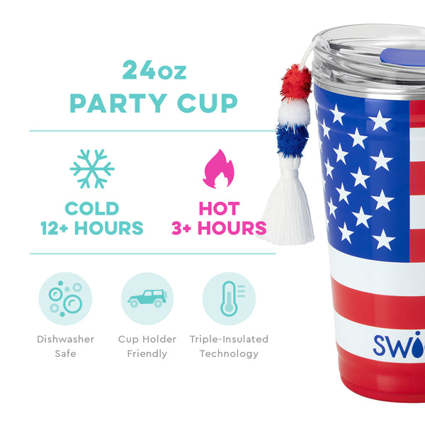 Swig Life 24oz All American Party Cup temperature infographic - cold 12+ hours or hot 3+ hours