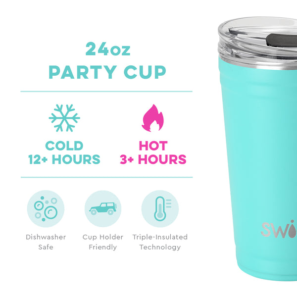 Swig Life 24oz Aqua Party Cup temperature infographic - cold 12+ hours or hot 3+ hours