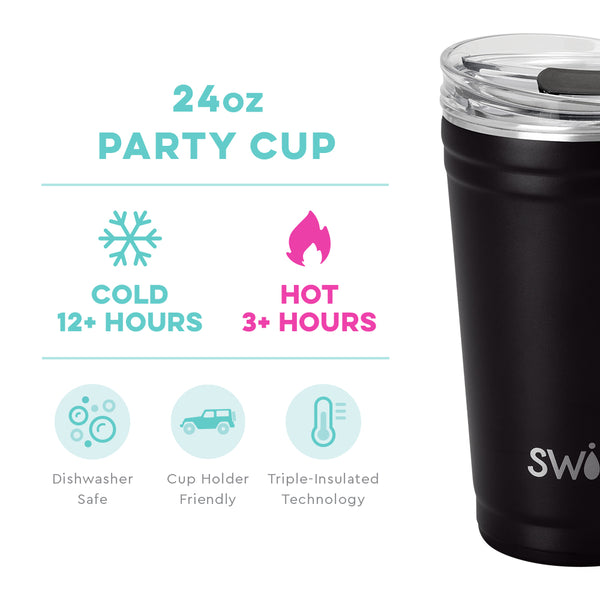 Swig Life 24oz Black Party Cup temperature infographic - cold 12+ hours or hot 3+ hours
