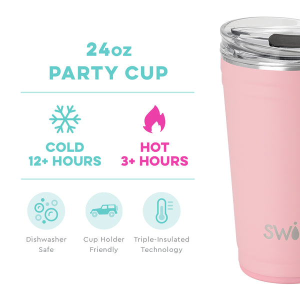 Swig Life 24oz Blush Party Cup temperature infographic - cold 12+ hours or hot 3+ hours