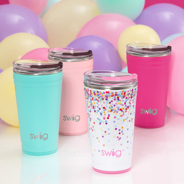 Swig Life 24oz Party Cups in Confetti, Aqua, Hot Pink, and Blush over balloons
