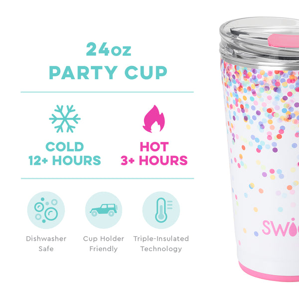 Swig Life 24oz Confetti Party Cup temperature infographic - cold 12+ hours or hot 3+ hours