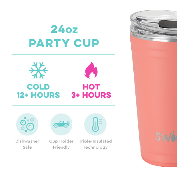 Swig Life 24oz Coral Party Cup temperature infographic - cold 12+ hours or hot 3+ hours
