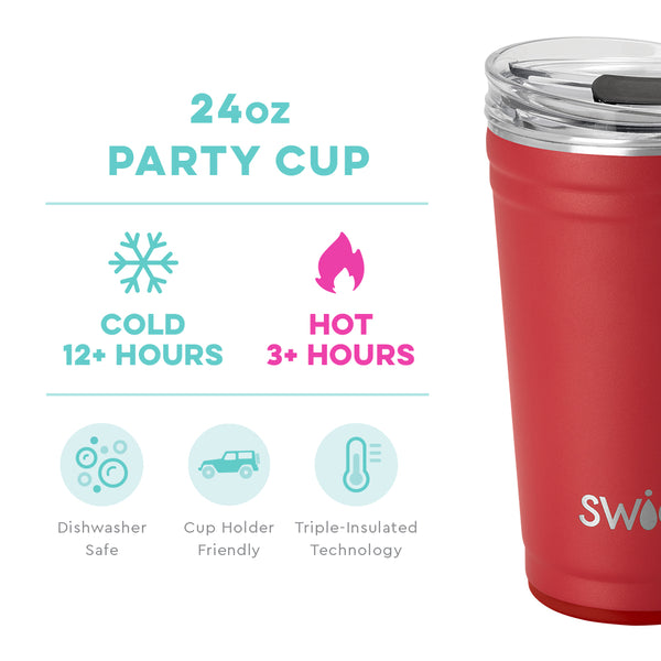 Swig Life 24oz Crimson Party Cup temperature infographic - cold 12+ hours or hot 3+ hours