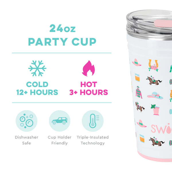 Swig Life 24oz Derby Day Party Cup temperature infographic - cold 12+ hours or hot 3+ hours
