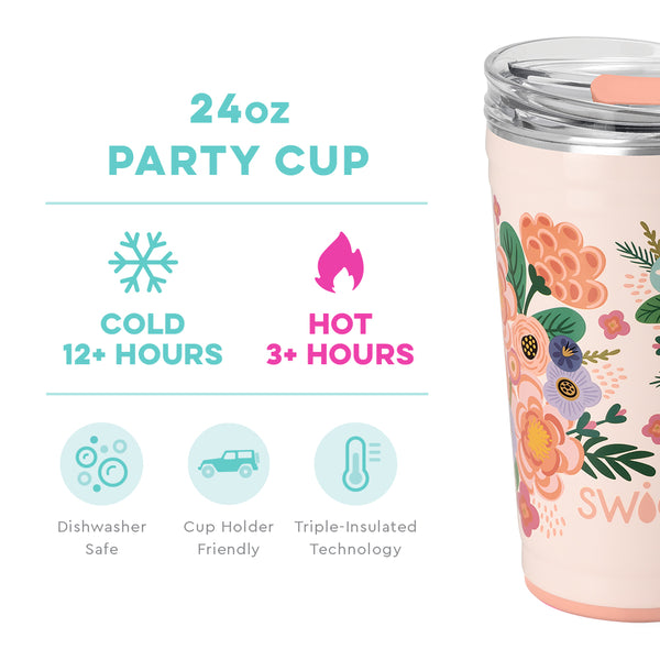 Swig Life 24oz Full Bloom Party Cup temperature infographic - cold 12+ hours or hot 3+ hours
