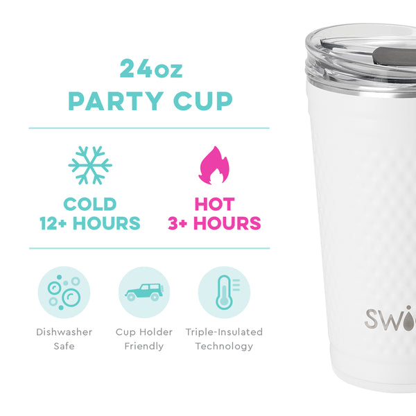 Swig Life 24oz Golf Partee Party Cup temperature infographic - cold 12+ hours or hot 3+ hours