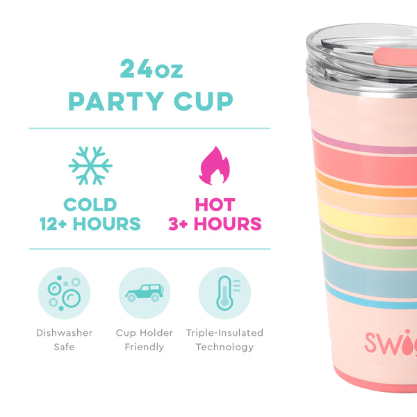 Swig Life 24oz Good Vibrations Party Cup temperature infographic - cold 12+ hours or hot 3+ hours