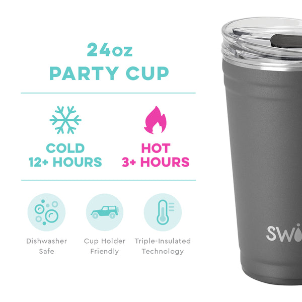 Swig Life 24oz Grey Party Cup temperature infographic - cold 12+ hours or hot 3+ hours