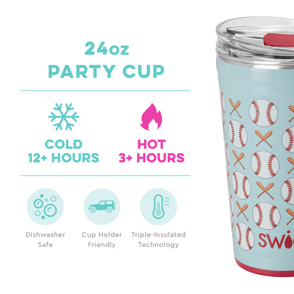 Swig Life 24oz Home Run Party Cup temperature infographic - cold 12+ hours or hot 3+ hours