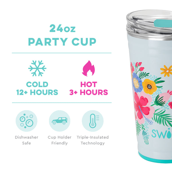 Swig Life 24oz Island Bloom Party Cup temperature infographic - cold 12+ hours or hot 3+ hours