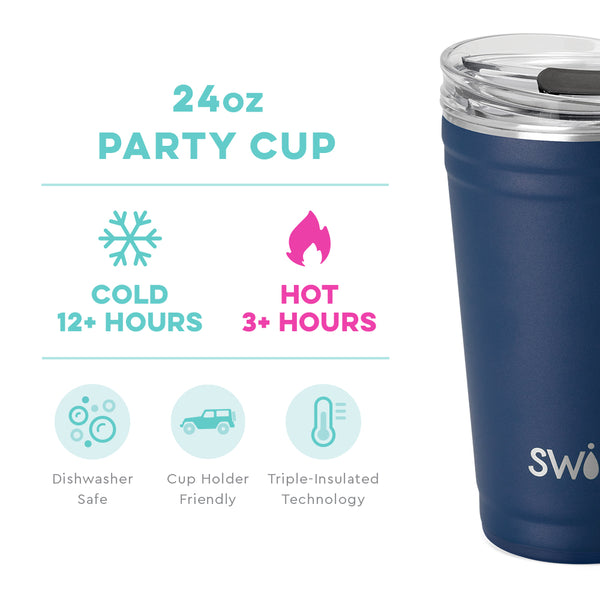 Swig Life 24oz Navy Party Cup temperature infographic - cold 12+ hours or hot 3+ hours