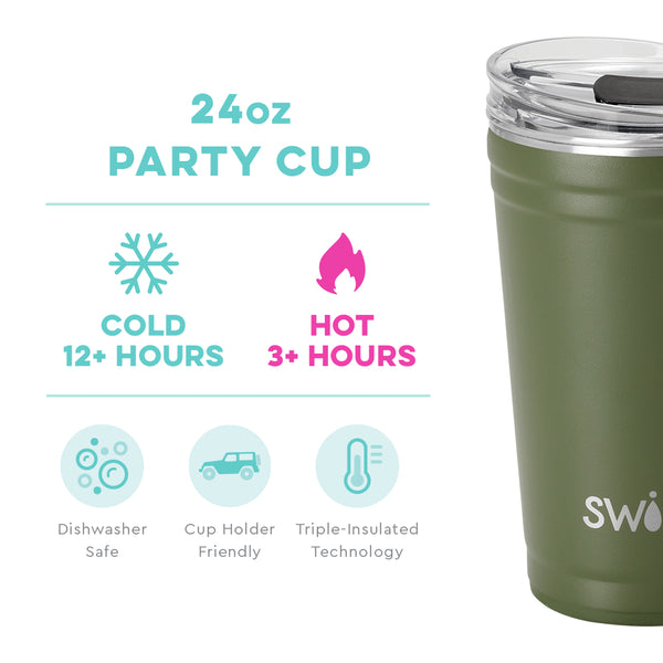 Swig Life 24oz Olive Party Cup temperature infographic - cold 12+ hours or hot 3+ hours
