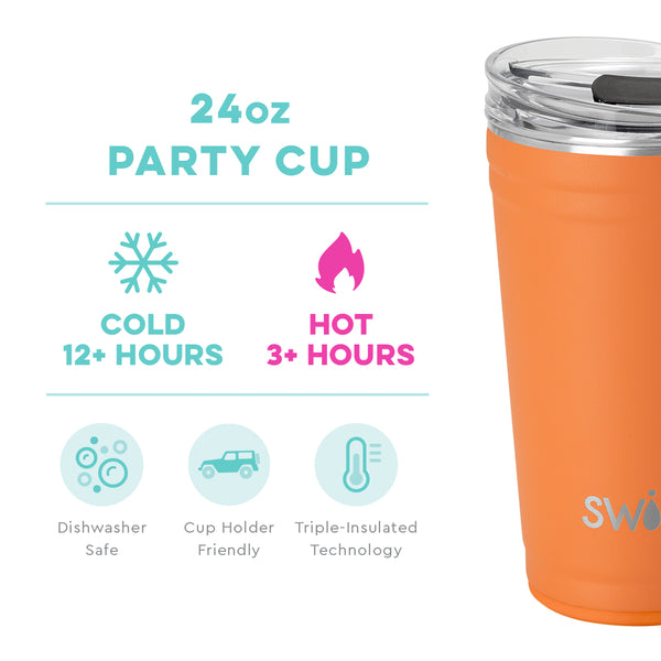 Swig Life 24oz Orange Party Cup temperature infographic - cold 12+ hours or hot 3+ hours