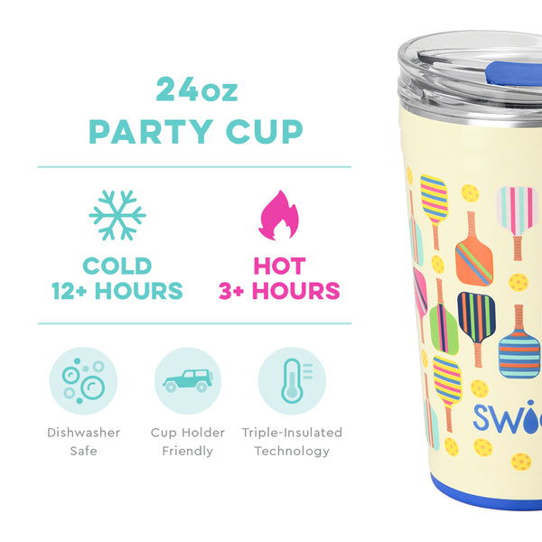 Swig Life 24oz Pickleball Party Cup temperature infographic - cold 12+ hours or hot 3+ hours