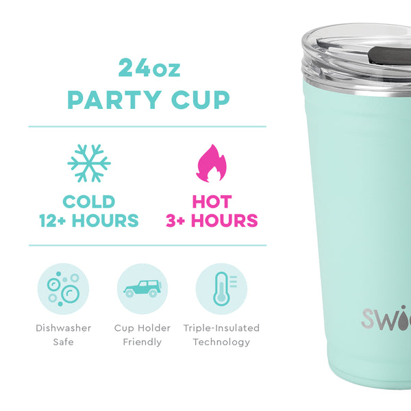 Swig Life 24oz Sea Glass Party Cup temperature infographic - cold 12+ hours or hot 3+ hours