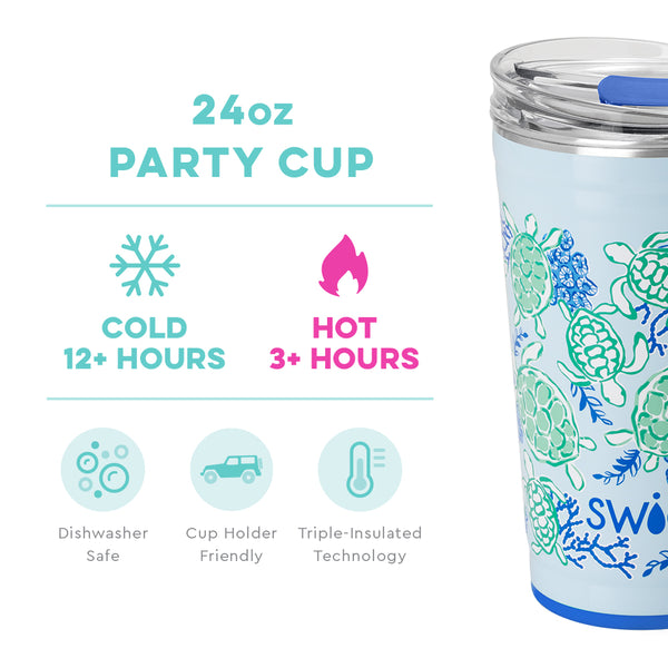 Swig Life 24oz Shell Yeah Party Cup temperature infographic - cold 12+ hours or hot 3+ hours
