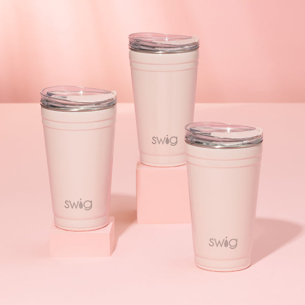 Swig Life 24oz Shimmer Ballet Insulated Party Cups on a pink background