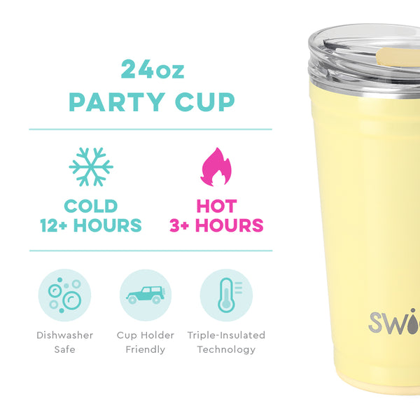 Swig Life 24oz Shimmer Buttercup Party Cup temperature infographic - cold 12+ hours or hot 3+ hours