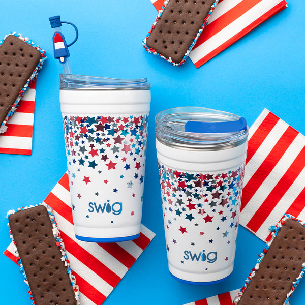 Swig Life 24oz Star Spangled Insulated Party Cup Tumbler on a red white and blue background with ice cream sandwiches