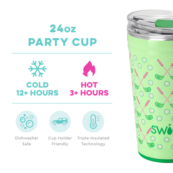 Swig Life 24oz Tee Time Party Cup temperature infographic - cold 12+ hours or hot 3+ hours