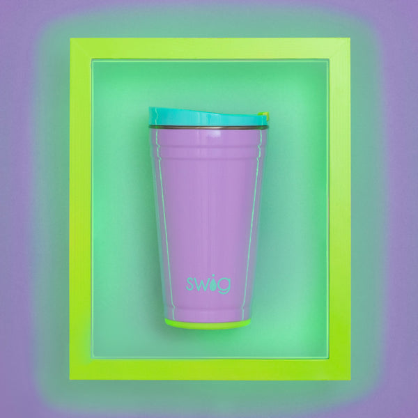 Swig Life 24oz Ultra Violet Insulated Party Cup on a purple and lime green background