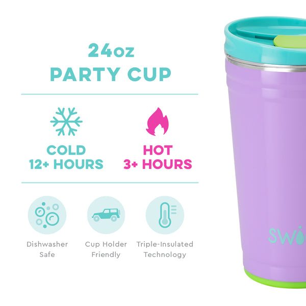 Swig Life 24oz Ultra Violet Party Cup temperature infographic - cold 12+ hours or hot 3+ hours