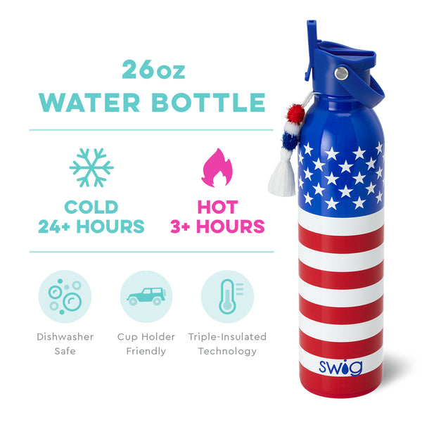 Swig Life 26oz All American Insulated Flip + Sip Cap Water Bottle temperature infographic - cold 24+ hours or hot 3+ hours
