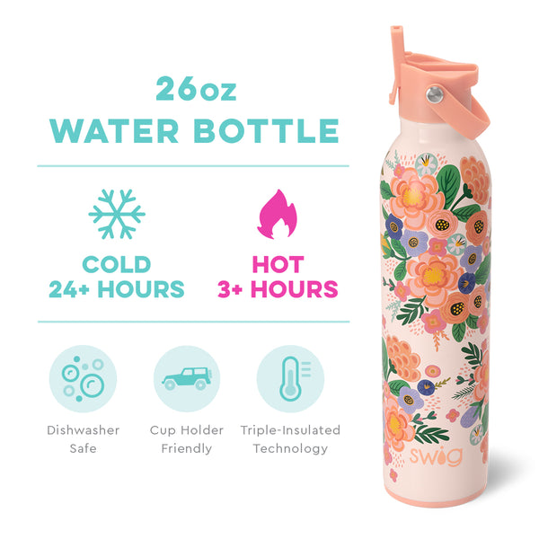 Swig Life 26oz Full Bloom Insulated Flip + Sip Cap Water Bottle temperature infographic - cold 24+ hours or hot 3+ hours