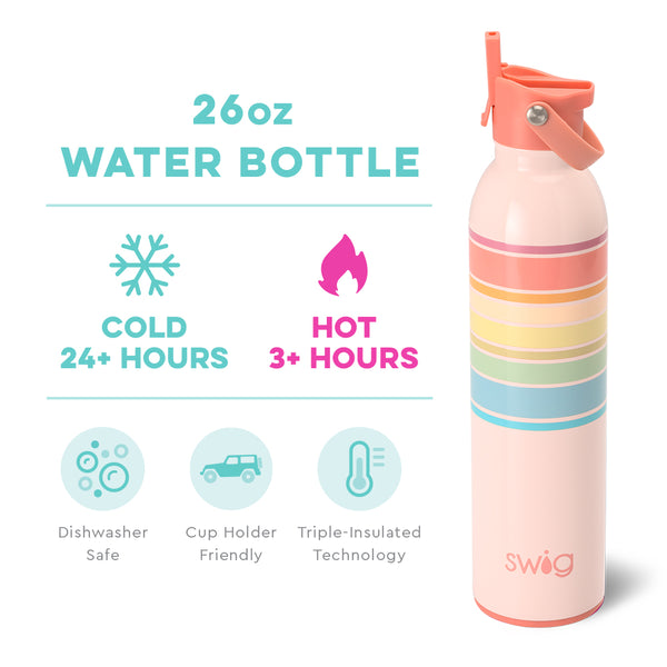 Swig Life 26oz Good Vibrations Insulated Flip + Sip Cap Water Bottle temperature infographic - cold 24+ hours or hot 3+ hours