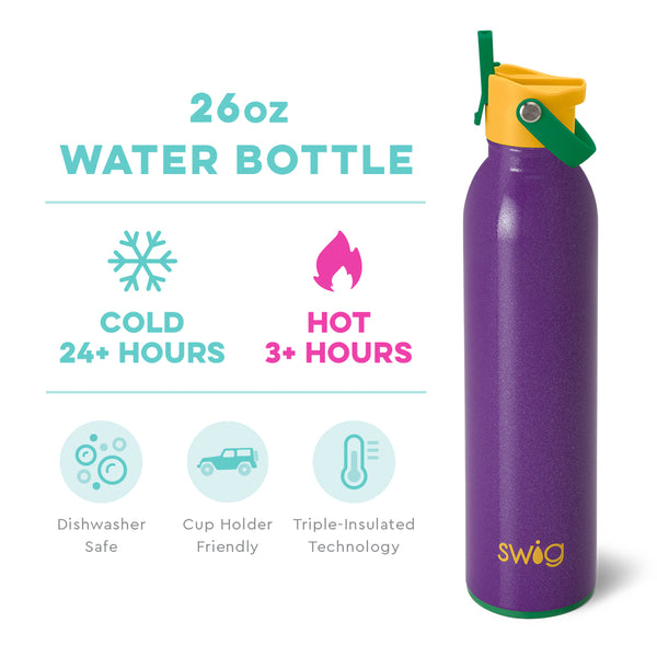 Swig Life 26oz Pardi Gras Insulated Flip + Sip Cap Water Bottle temperature infographic - cold 24+ hours or hot 3+ hours