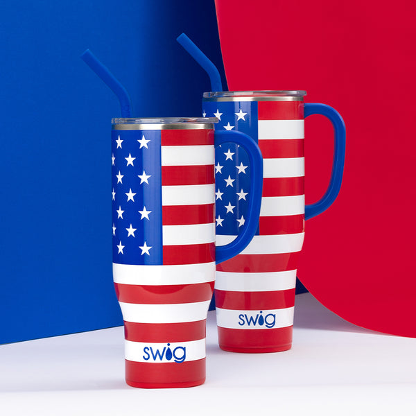 Swig Life 30oz Insulated All American Mega Mug on a red white and blue background