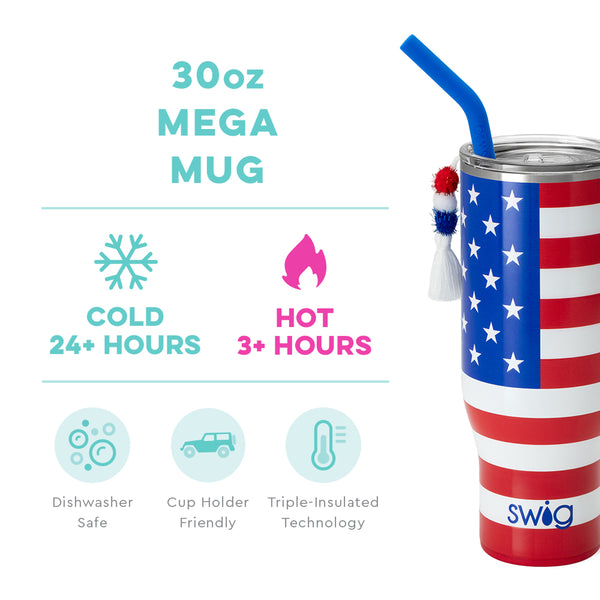Swig Life 30oz All American Mega Mug temperature infographic - cold 24+ hours or hot 3+ hours