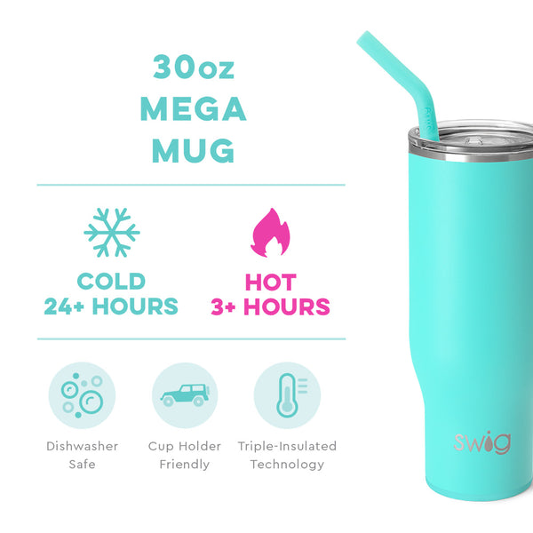 Swig Life 30oz Aqua Mega Mug temperature infographic - cold 24+ hours or hot 3+ hours