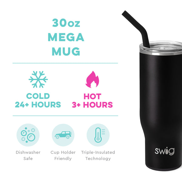 Swig Life 30oz Black Mega Mug temperature infographic - cold 24+ hours or hot 3+ hours