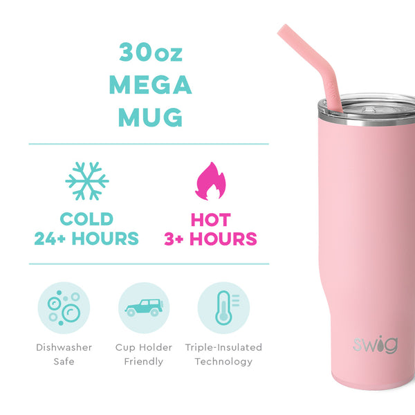 Swig Life 30oz Blush Mega Mug temperature infographic - cold 24+ hours or hot 3+ hours